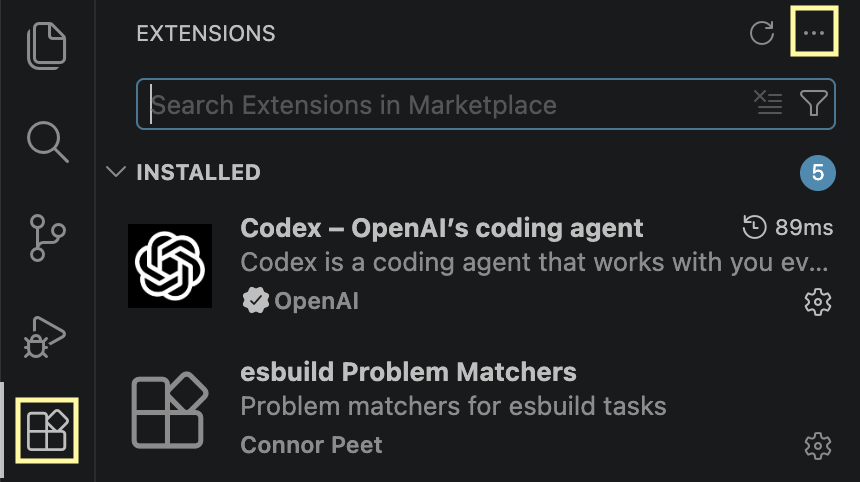 VS Code Extensions view with the Activity Bar and More Actions menu visible.