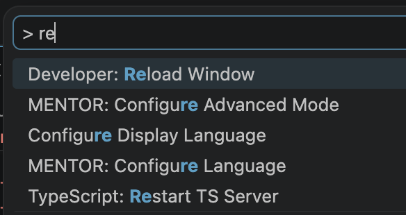 VS Code Command Palette showing Developer: Reload Window.